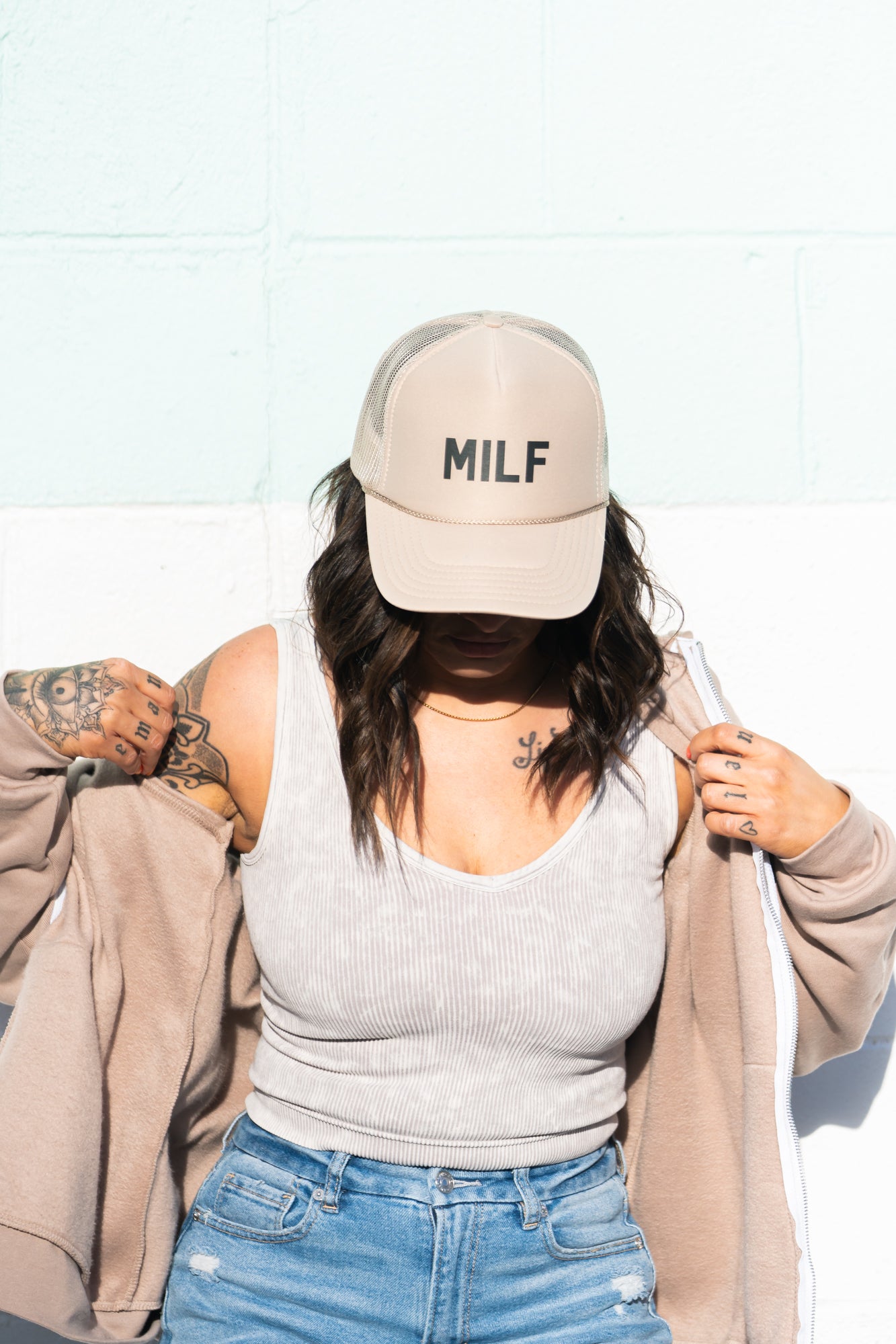 Milf (Black) - Foam Trucker Hat (Khaki)