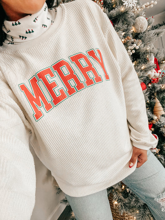 Merry Varsity (Red) - Corded Sweatshirt (Ivory)