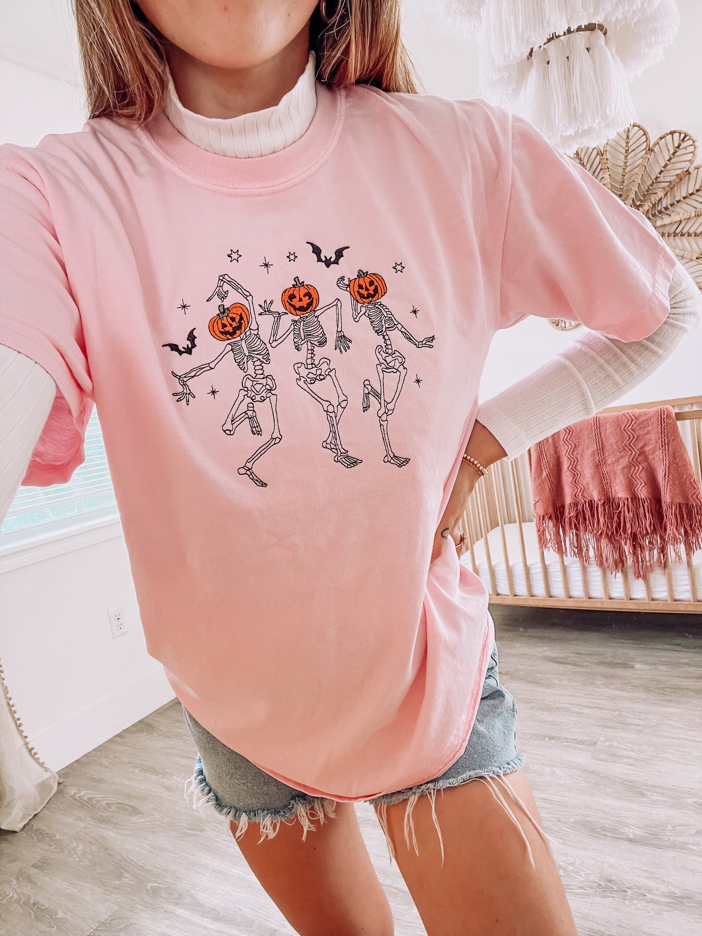 Dancing Pumpkin Skeletons - Embroidered Tee (Pale Pink)