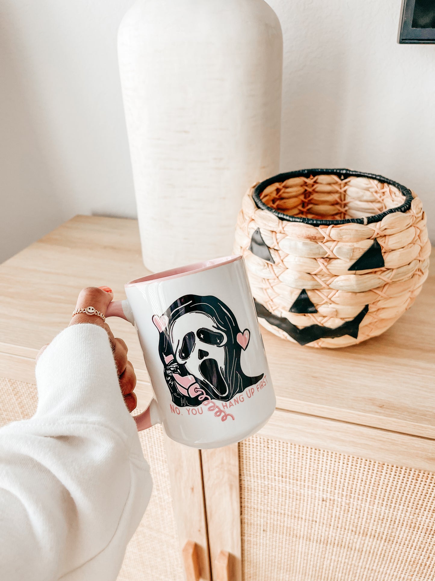 Scream Ghost Face No You Hang Up - Coffee Mug (Pink Handle & Inside)