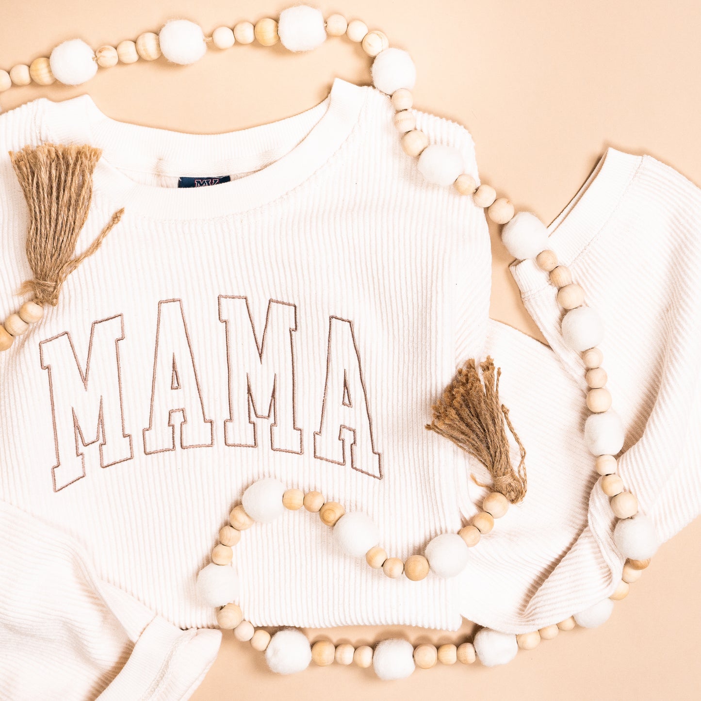 Mama (Varsity, Toffee) - Embroidered Corded Sweatshirt (Ivory)