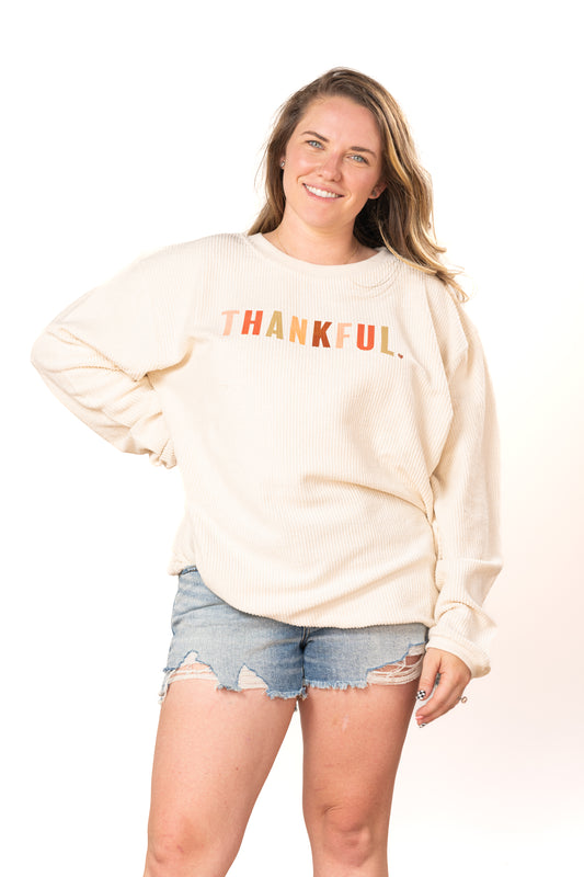 THANKFUL <3 (Multi Color) - Corded Sweatshirt (Ivory)