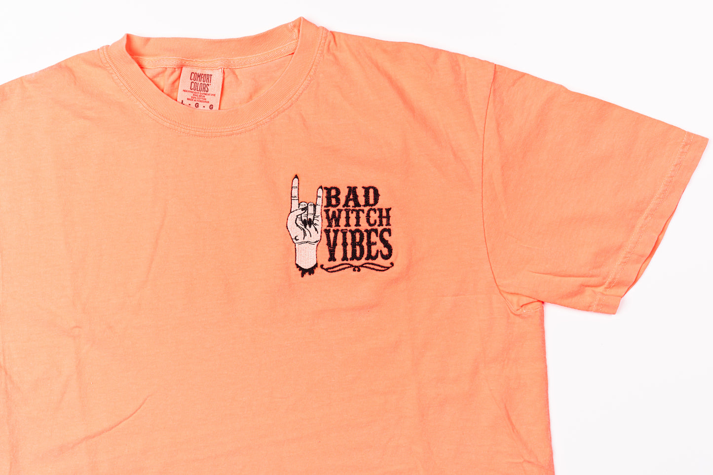 Bad Witch Vibes - Embroidered Tee (Neon Coral)