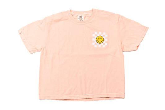 Old School Checkered Smiley - Embroidered Cropped Tee (Peach)