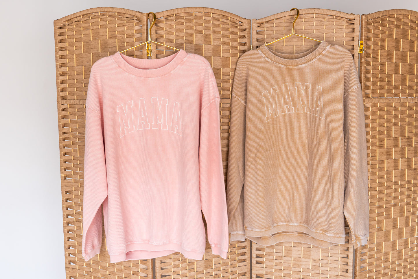 Mama (Varsity, Creme) - Embroidered Corded Sweatshirt (Pink)