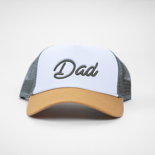 Dad (Ace 3D Puff, Olive) - Trucker Hat (White/Wheat/Elmwood)