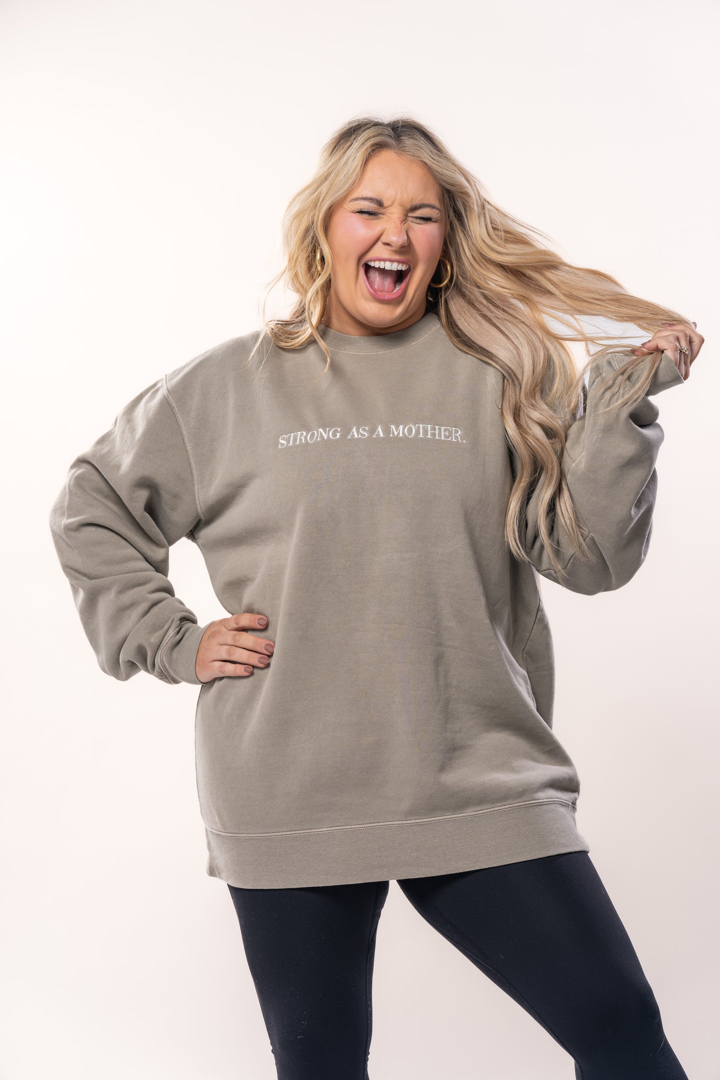 Strong as a Mother (Front, Sleeve) - Embroidered Sweatshirt (Cement)
