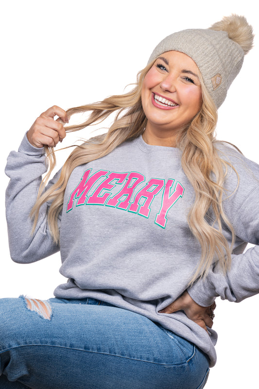 Merry Varsity (Pink) - Sweatshirt (Heather Gray)