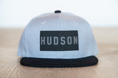 HUDSON (Leather Custom Name Patch) - Kids Trucker Hat (Light Gray/Black)