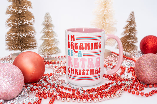 I'm Dreaming of a Retro Christmas - Coffee Mug (Pink Handle & Inside)