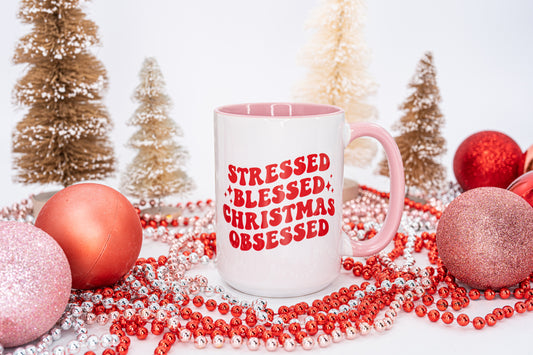 Stressed Blessed Christmas Obsessed - Coffee Mug (Pink Handle & Inside)