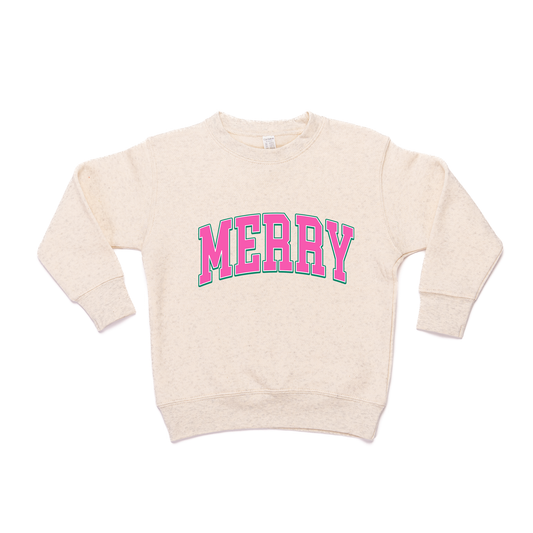 Merry Varsity (Pink) - Kids Sweatshirt (Heather Natural)