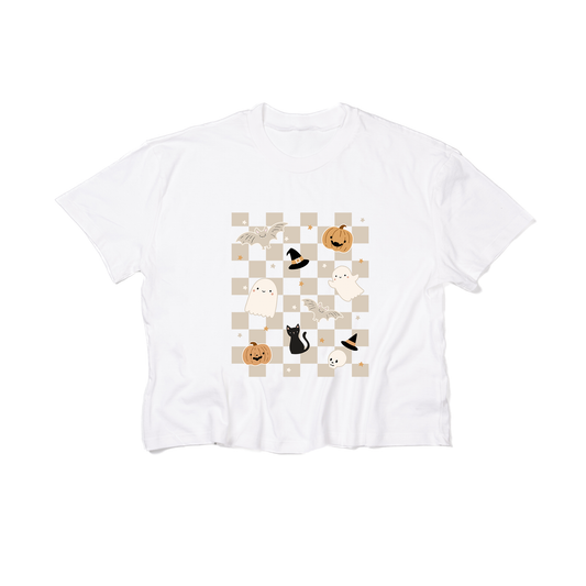 Neutral Spooky Checkered - Cropped Tee (White)