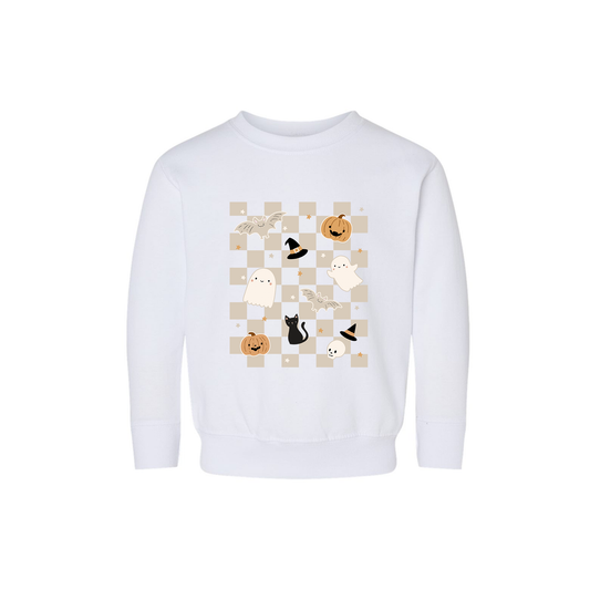 Neutral Spooky Checkered - Kids Sweatshirt (White)