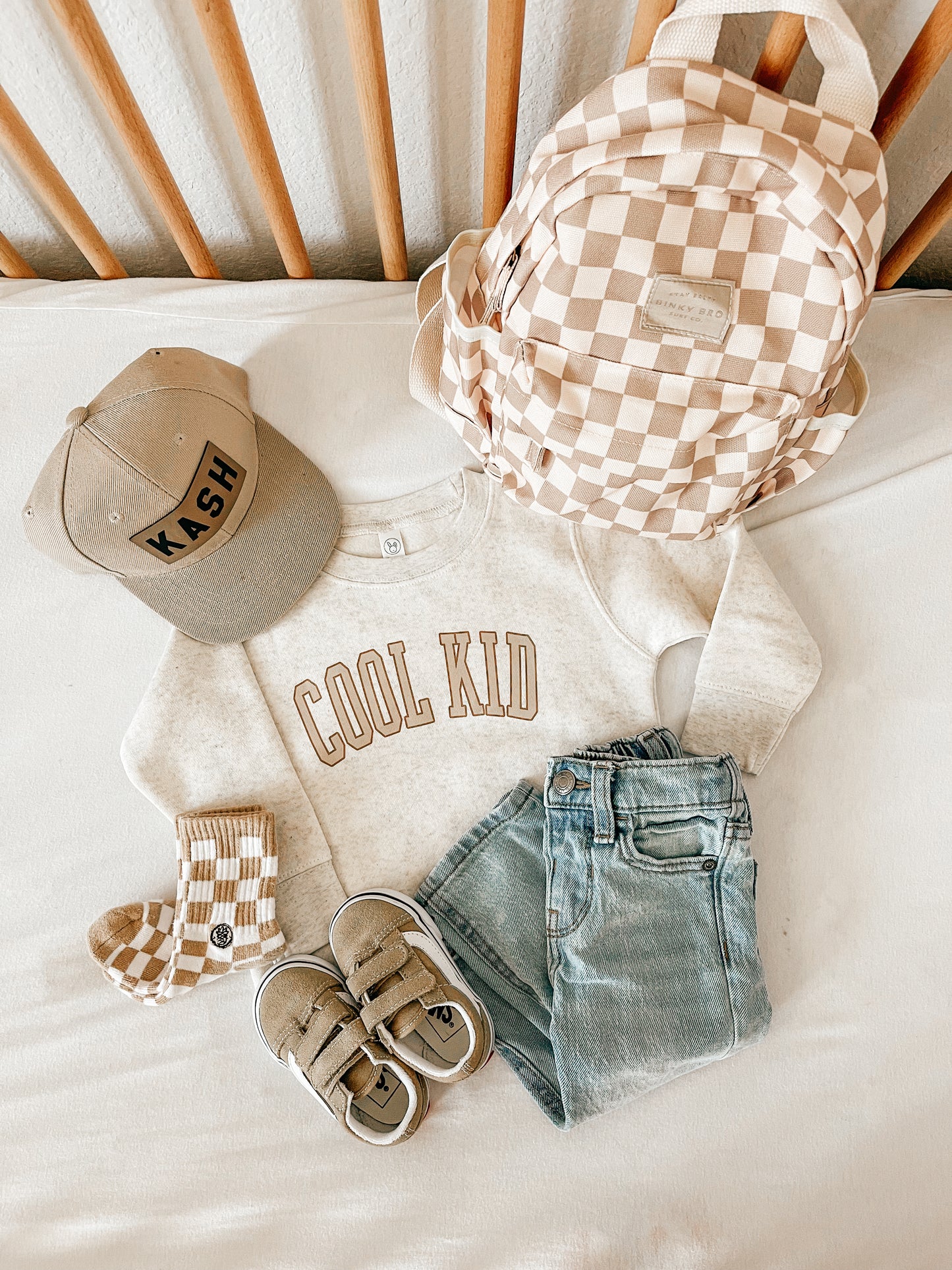 Cool Kid (Tan Varsity) - Kids Sweatshirt (Heather Natural)