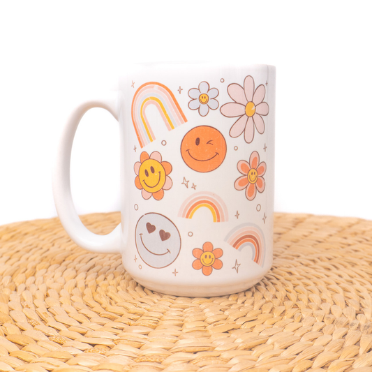 Rainbow Smiley Daisy - Coffee Mug (All White)