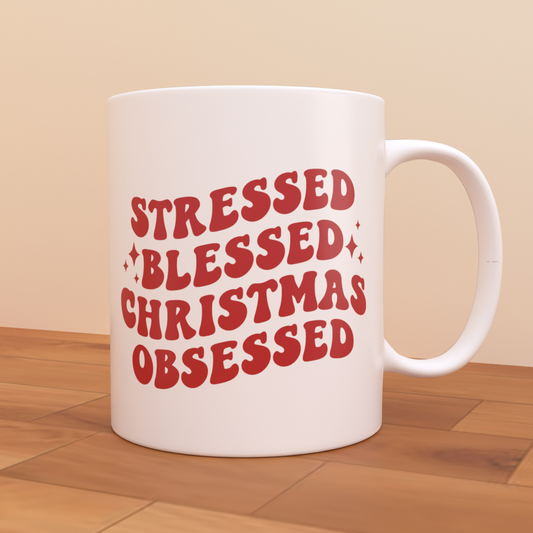 Stressed Blessed Christmas Obsessed - Coffee Mug (White)