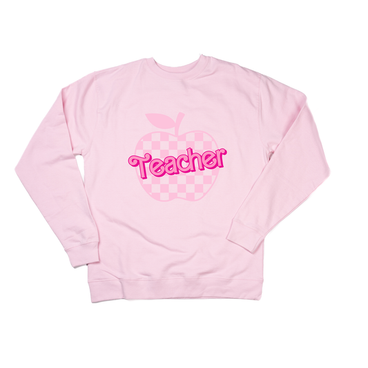 Checkered Apple Teacher (Across Front) - Sweatshirt (Light Pink)