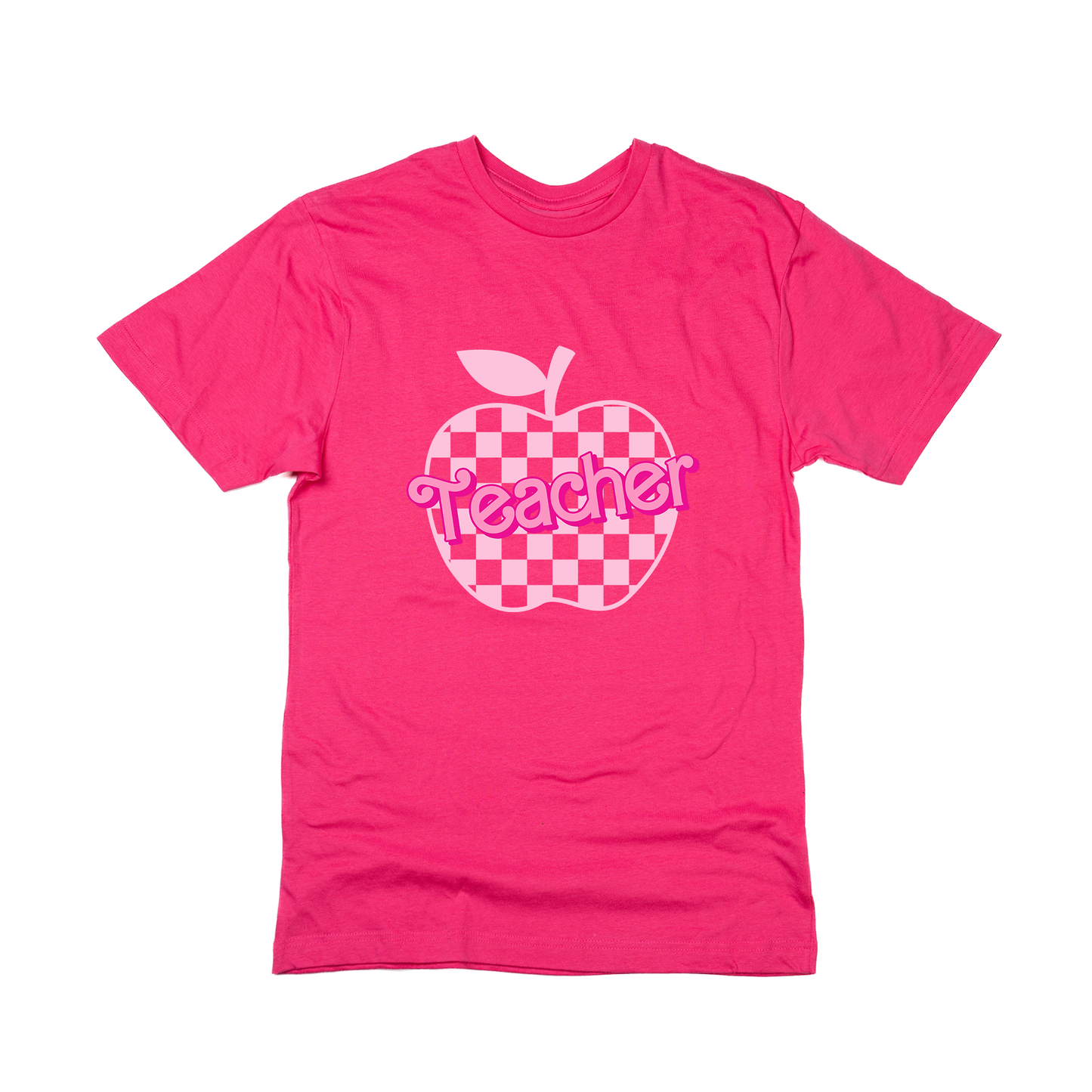 Checkered Apple Teacher (Across Front) - Tee (Hot Pink)