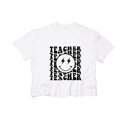 Teacher Lightning Smiley (Black) - Cropped Tee (White)