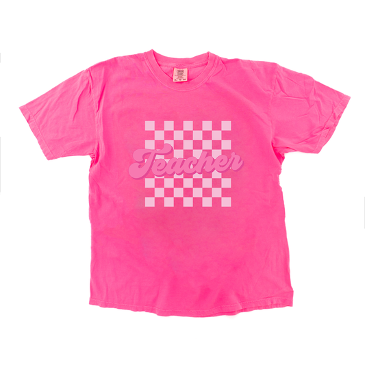 Teacher Checkered (Pink) - Tee (Neon Pink)