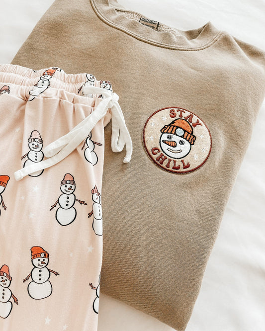 Stay Chill Snowman - Embroidered Sweatshirt (Tan)