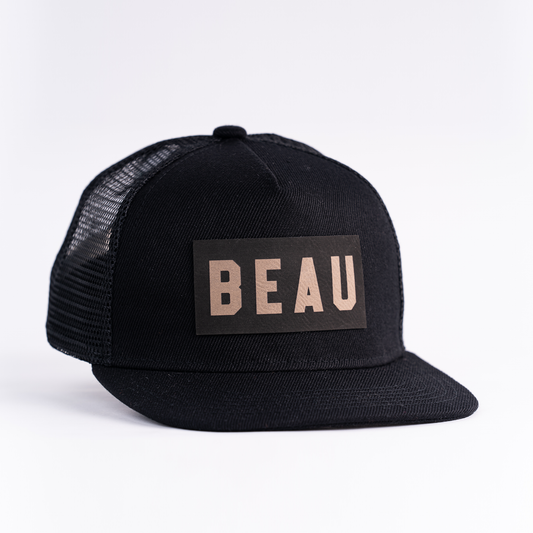BEAU (Leather Custom Name Patch) - Kids Trucker Hat (Black)