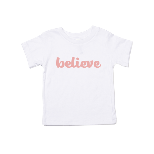 Believe (Thick Cursive, Pink) - Kids Tee (White)