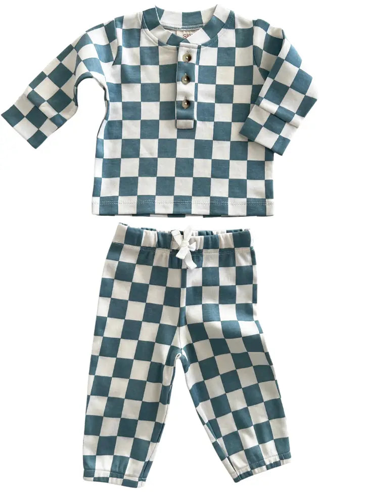 Blueberry Muffin Checkerboard - Organic Wells Top + Pant Set