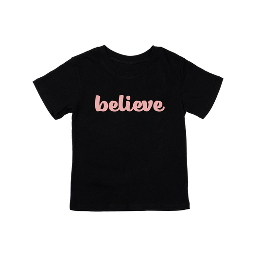 Believe (Thick Cursive, Pink) - Kids Tee (Black)