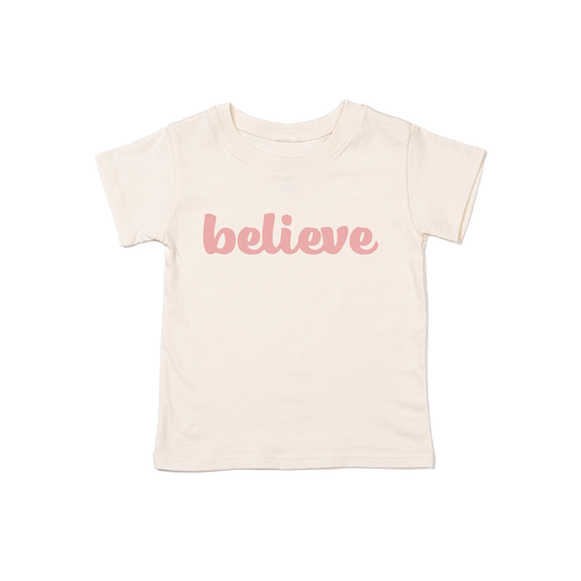 Believe (Thick Cursive, Pink) - Kids Tee (Natural)