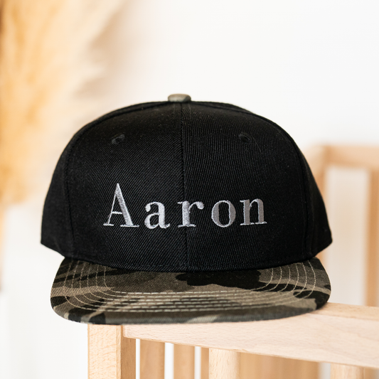 Custom Embroidered Name - Kids Trucker Hat (Black/Charcoal Camo)