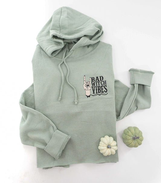 Bad Witch Vibes - Embroidered Cropped Hoodie (Sage)