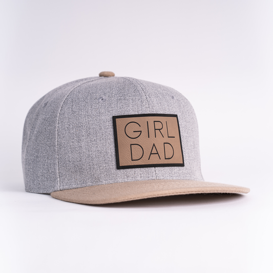 Girl Dad® (Stacked, Leather Patch) - Flatbill Trucker Hat (Heather Light Gray/Khaki)