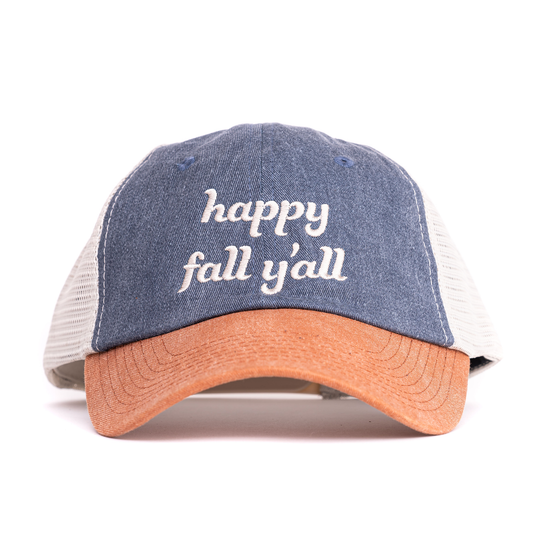 Happy Fall Y'all (Tan) - Baseball Hat (Denim/Rust/Stone)