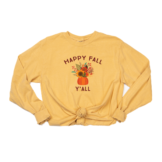Happy Fall Y'all (Maroon) - Tee (Vintage Mustard, Long Sleeve)