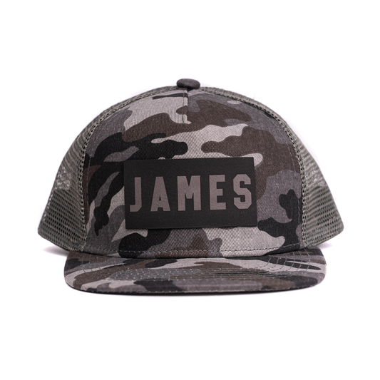 JAMES (Leather Patch Custom Name) - Kids Trucker Hat (Charcoal Camo)