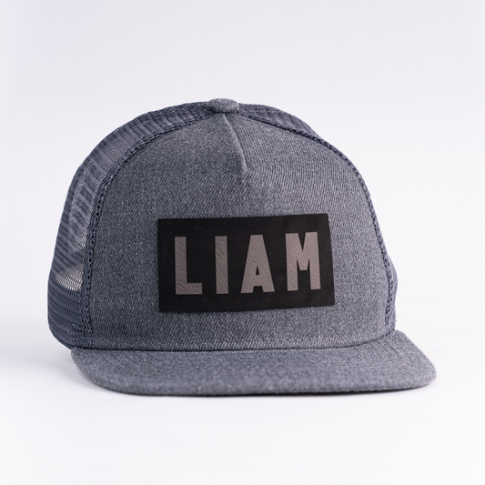 LIAM (Leather Custom Name Patch) - Kids Trucker Hat (Heather Charcoal)