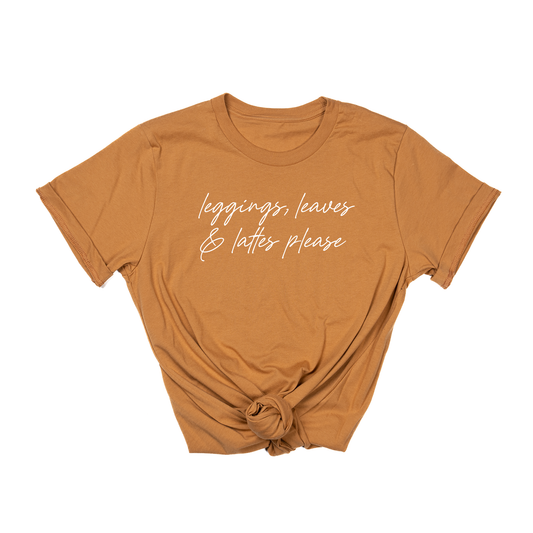 leggings, leaves and lattes please (White) - Tee (Camel)