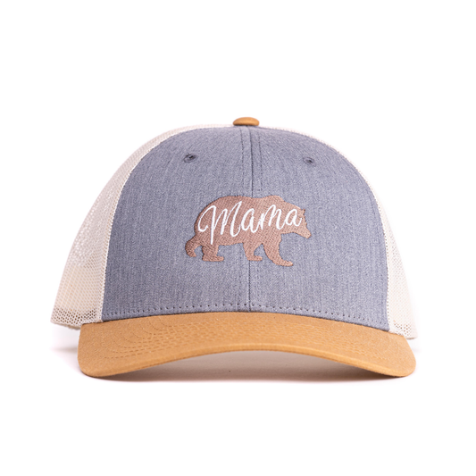 Mama Bear (Brown/Peach) - Trucker Hat (Birch/Gray/Mustard)