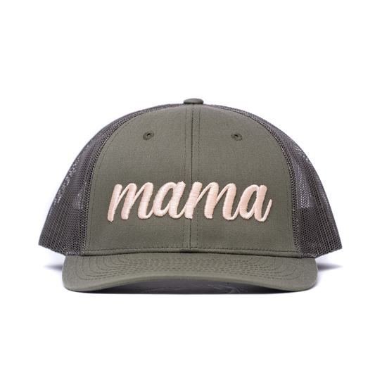 Mama (Peach, 3D Puff) - Trucker Hat (Olive)