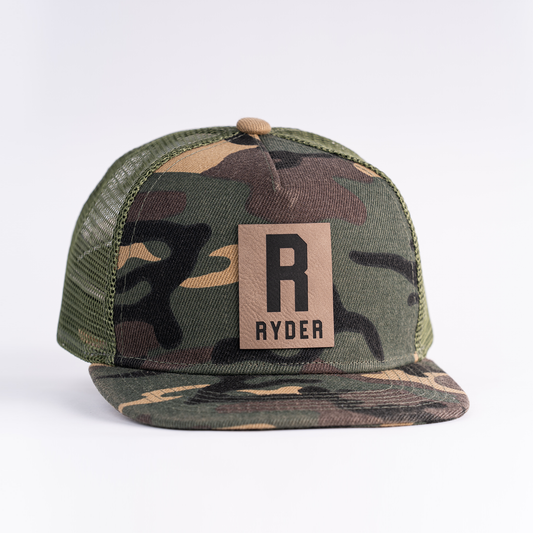 RYDER (Leather Custom Name Patch) - Kids Trucker Hat (Camo)