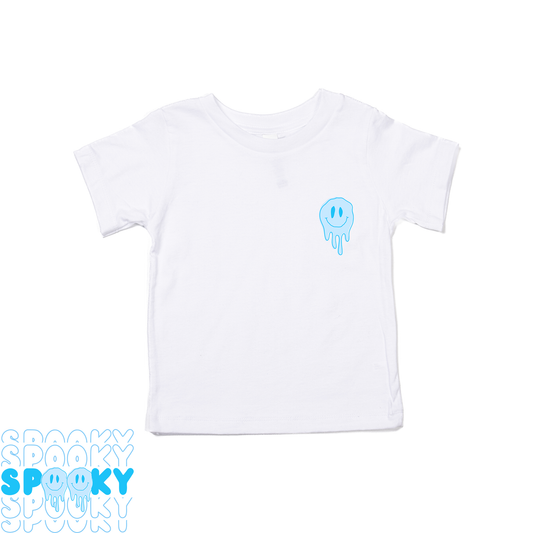 Spooky Smiley Bright Blue (Pocket and Back Print) - Kids Tee (White)