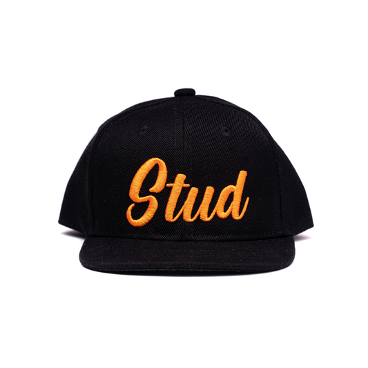Stud (Orange, 3D Puff) - Kids Trucker Hat (Black)