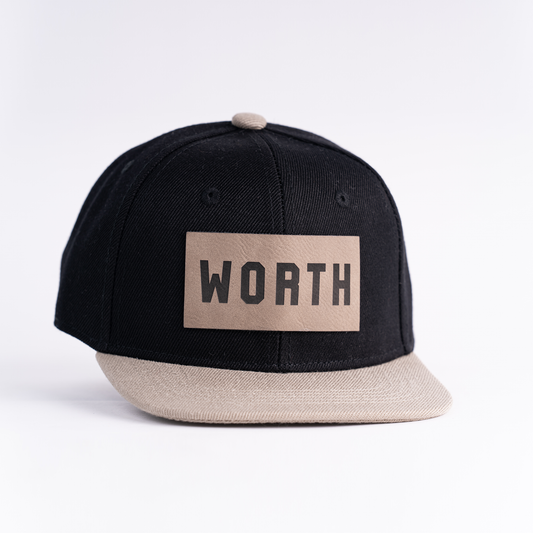 WORTH (Leather Custom Name Patch) - Kids Trucker Hat (Black/Khaki)