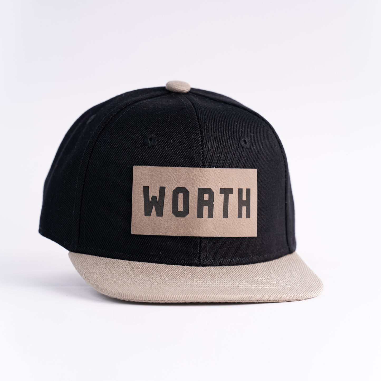 WORTH (Leather Custom Name Patch) - Kids Trucker Hat (Black/Khaki)