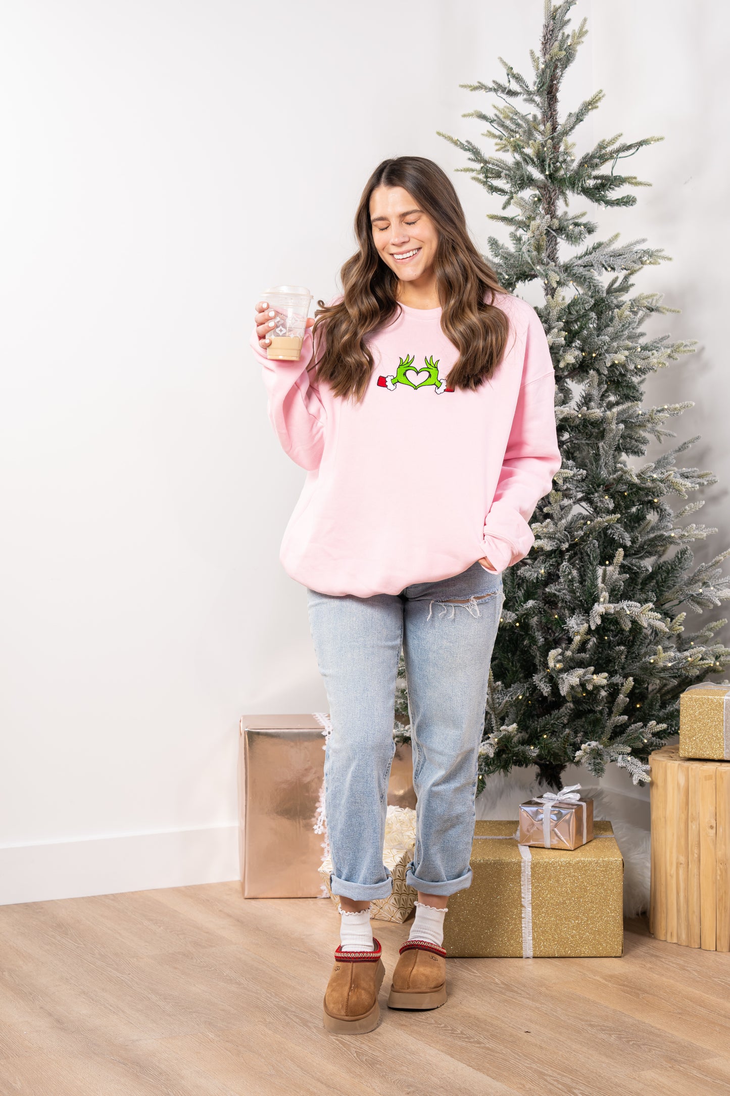 Christmas Heart Hands - Embroidered Sweatshirt (Light Pink)