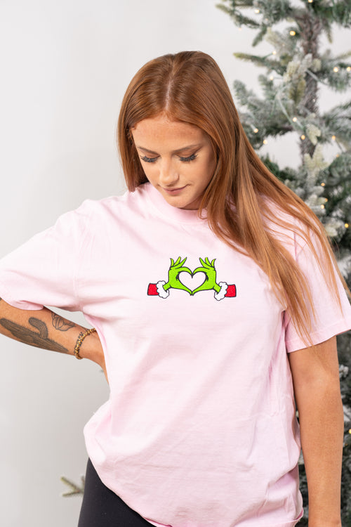 Christmas Heart Hands - Embroidered Tee (Pale Pink)