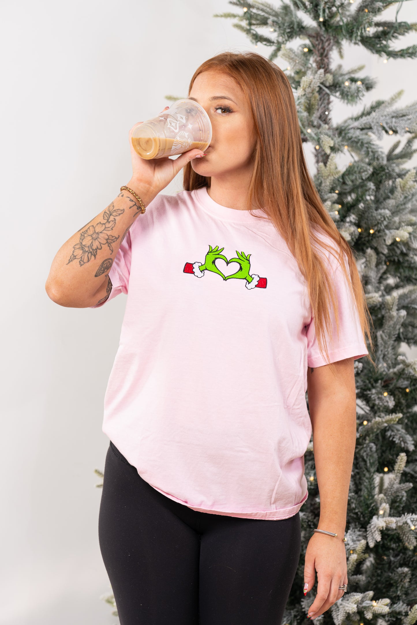 Christmas Heart Hands - Embroidered Tee (Pale Pink)