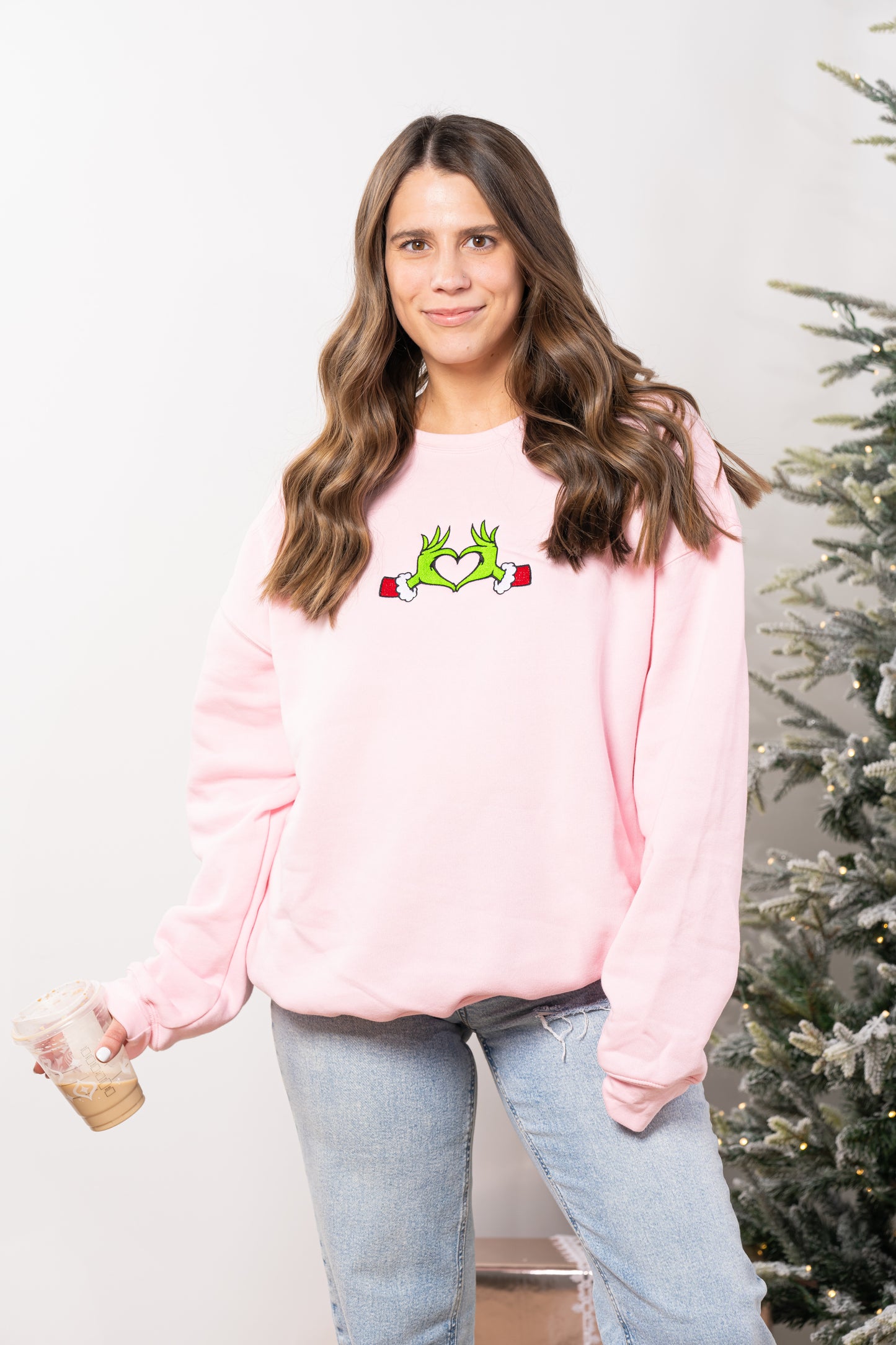 Christmas Heart Hands - Embroidered Sweatshirt (Light Pink)